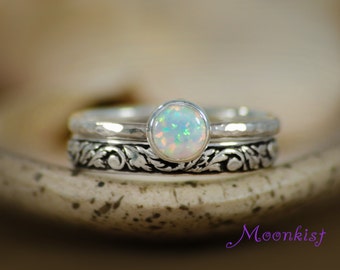 opal engagement ring and pattern band wedding set in sterling silver bezel set solitaire - Opal Wedding Ring Sets opal engagement ring and pattern band wedding set in sterling silver bezel set solitaire - Opal Wedding Ring Sets