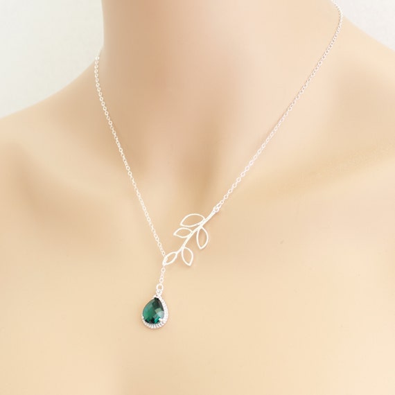 Lariat Leaf Emerald Necklace Tear Drop Birthstone Emerald
