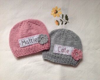 Newborn photo prop, pink newborn hat, personalized newborn hat, newborn girl, monogram baby hat, baby props, grey name beanie, newborn props