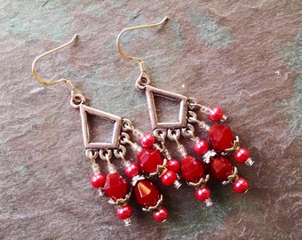 Red chandelier earrings Vintage style earrings gift for