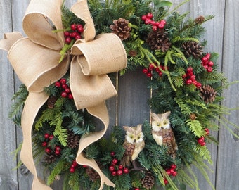 Christmas Wreath Owl Wreath Burlap Owl Wreath Burlap Color Christmas and Winter Wreath, Woodland Owl Wreath, Natural Christmas Decor