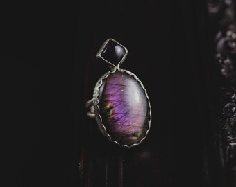 Purple Labradorite Ring-Sterling Silver Labradorite Ring-Amethyst Ring-Statement Rings-Purple Gemstone Ring-Chunky Rings