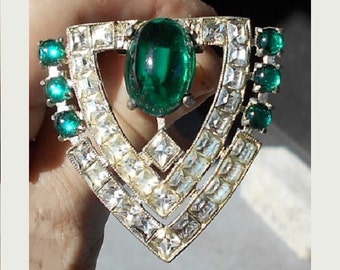 Rhinestone Dress Clip 1930's Art Deco Emerald Green & Clear Pot Metal Dress or FUR CLIP, Pendant.