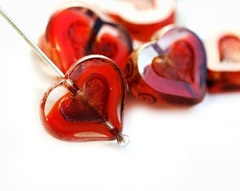 Red Heart beads, Crystal red Czech glass Picasso beads, table cut, red glass heart - 14mm - 6Pc - 0265