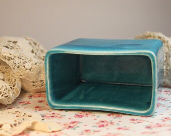Square Aqua Glazed Planter Vase,Glazed Pottery,vintage planter,vintage vase,aqua glazing