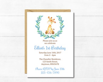 Blue Giraffe First Birthday Invite, Printable Giraffe First Birthday Invitation, Boy Blue Brown Giraffe Birthday Invitation, Download 307-B
