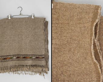 Tribal WOOL Blanket 70s Oatmeal Brown Orange + Green Fringed Earthy 98 x 47