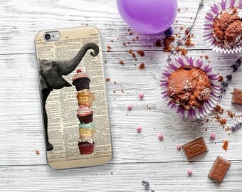 ELEPHANT Loves Cupcakes Dictionary Art iPhone 7 Case, iPhone 7 Plus Case, Elephants Funny Animal iPhone 6s case, iPhone 6 plus Cover
