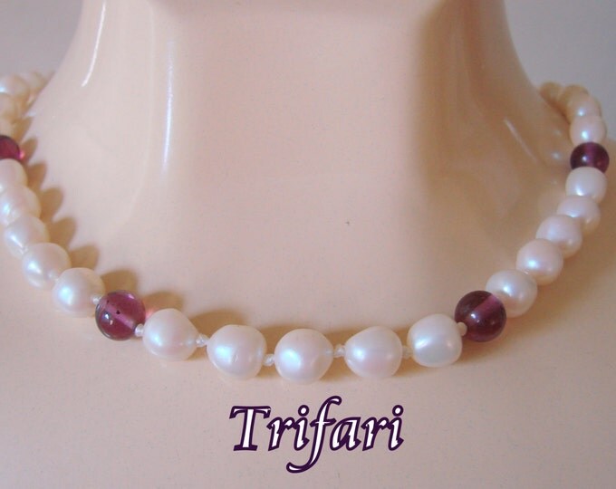 Vintage Trifari Faux Pearl Amethyst Glass Bead Necklace Jewelry Jewellery