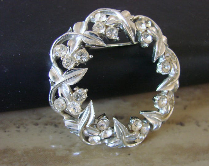 50s Floral Rhinestone Silver Tone Brooch / Wedding / Bridal / Mid Century / Vintage Jewelry /Jewellery