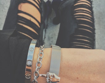 Rose Gold & Silver Stainless Steel Middle Finger Charm Bracelet Fuck Bracelet FU Bracelet Gift for Hey Birthday Gift