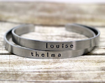 Thelma and Louise Set of Two Hand Stamped Aluminum Cuff Bracelet, best friends, sister, tribe, strong women,