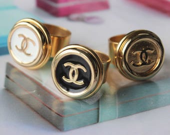 Authentic Chanel Button Ring Classic Design, Iconic Insignia Ring in Black White or Gold Button Jewelry, Adjustable Ring veryDonna
