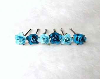 Teal Rose Hair Clips. Light Turquoise and Teal Bobby Pins. Malibu Blue Wedding Hair Accessories Small Paper Flower Hair Pins for Bridesmaids