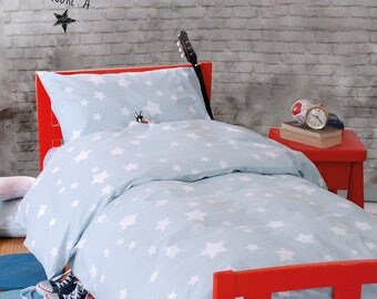 Twin size Bedding-Cotton100% -Twin duvet cover 98" x 62" and pillow case 20" x29" -star printed cotton fabric in blue color or stong pink