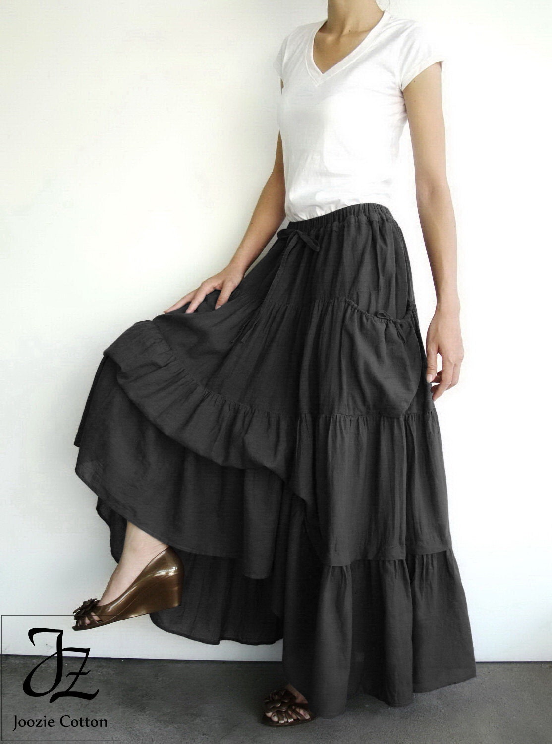 NO.42 Black Cotton Maxi Skirt Peasant Skirt 2 Options