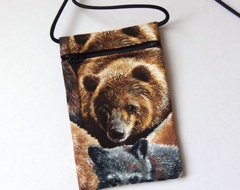 Pouch Zip Bag BEAR Fabric. Great for walkers, markets, travel. Cell Phone Pouch. Small fabric purse. Brown Bear. Grizzly Bear cross body bag