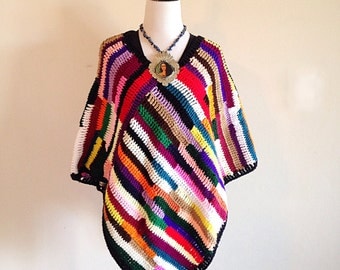 Vintage Colorful Crochet Hippie Poncho 1970s