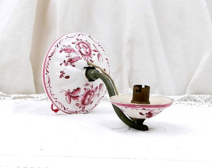 Vintage French Faience White Salt Glaze Stoneware with Hand Painted Mauve Floral Pattern Ceramic Metal Wall Lamp / Sconce, Malicorne Pottery