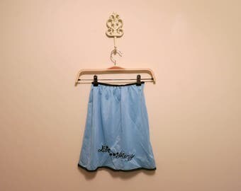 Wedding lingerie skirt slip LOVE STORY novelty pinup blue embroidered vintage 1960s mini S