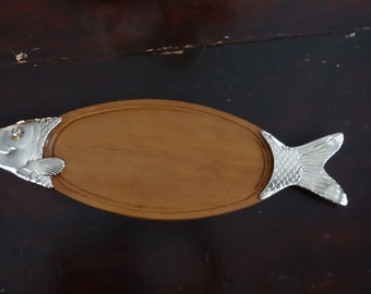 BMF N Germany vintage hardwood and metal fish serving tray fish platter - large and makes a statement! mid century design