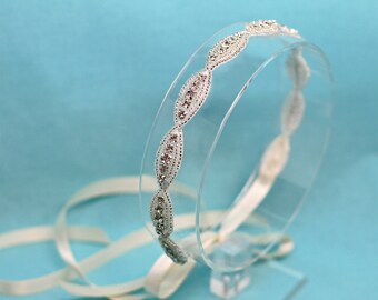 Bridal Hair Piece - Beaded Ribbon Headband - Tie Back Headband - Wedding Headband - Prom Headband - Bridesmaid Headband