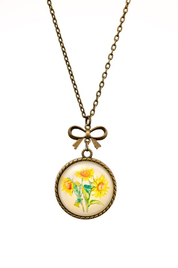 FREE SHIPPING - **NEW** Sunflower Posy 30mm Bronze Lace & Bow Pendant Necklace - Unique - Vintage - Gorgeous Gift - Love