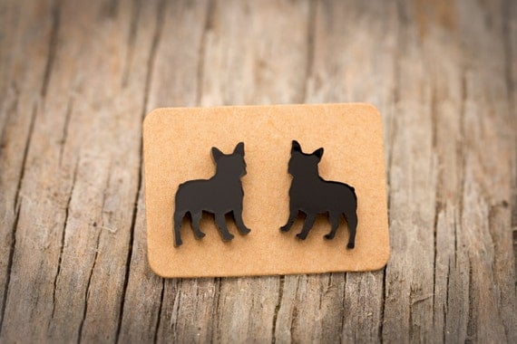 FREE SHIPPING WORLDWIDE - Black French Bulldog Earrings - Surgical Steel - Studs - Gift Box - Handmade Bamboo Wood Earrings - Acrylic Studs