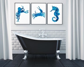 Nautical Decor, Watercolor Art, Ocean Art, Wall Art, Sea Life Art, Seahorse Art, crab art, Octopus print, Set of Three, bathroom wall decor
