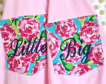 Big Little Sorority Comfort Colors T Shirt with Lilly-like Floral Pocket