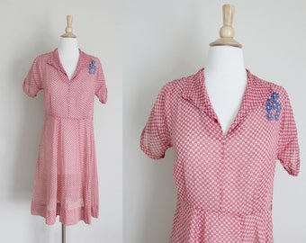1940s Dress | Shirtwaist Dress | Sheer Day Dress | Red Dress | Checkered Dress | Embroidered Dress | Small