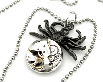 Black Widow Necklace - Tarantula Necklace - Halloween Spider Pendant - clockwork spider pendant - Steampunk gift idea - Steampunk spider
