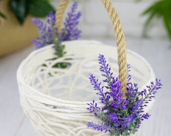 Lavender Flower Girl Basket, Greenery Wedding Basket, Floral Girl Basket, Rustic Flower Basket, Provence, Lace Basket, Rustic Flower Basket