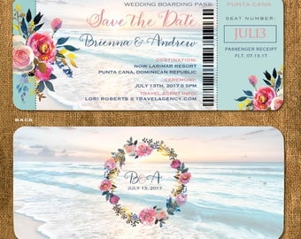 Boho Beach Boarding Pass Save the Date | Rose Gold Calligraphy | Floral Bohemian Design | Wedding in Mexico Jamaica Punta Cana