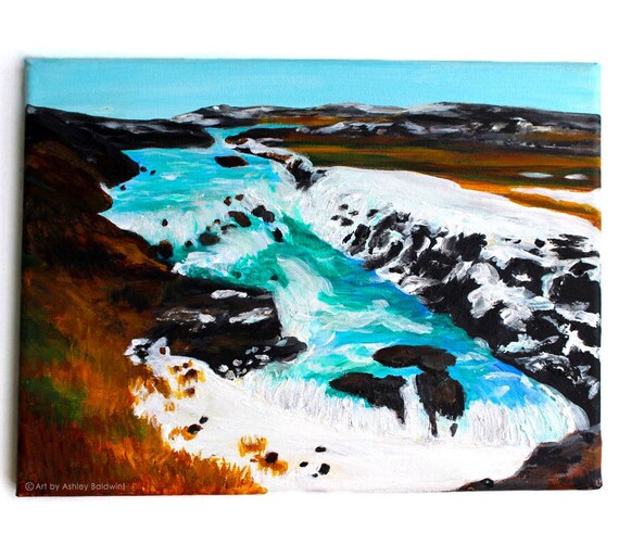 Original Iceland Landscape Acrylic Painting Of Gullfoss