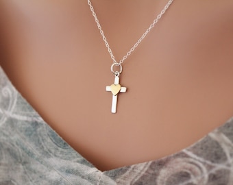 Sterling Silver Cross Charm with Bronze Heart Necklace, Cross Pendant Necklace, Cross with Heart Necklace, Cross Necklace