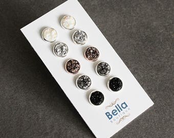Druzy Earring Set, Stud Earring Set, Silver Earring Set, Rose Gold Earrings, Earring Gift Set, Druzy Stud Earrings, Black Stud Earring, 10MM