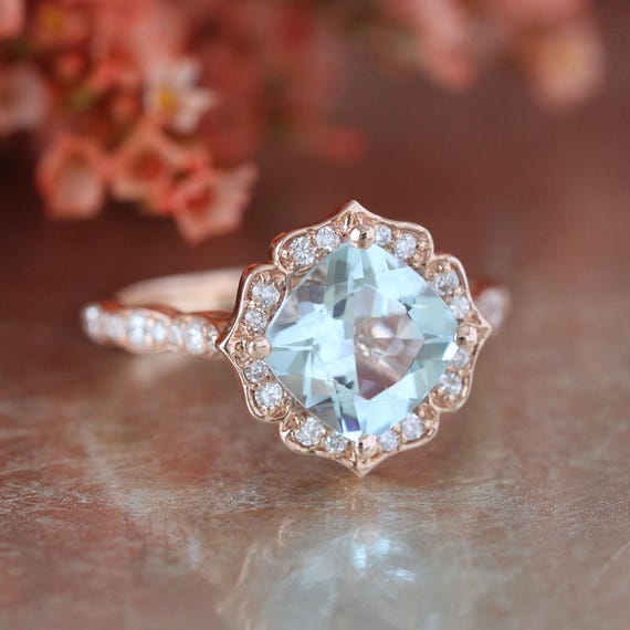 Vintage Floral Aquamarine Engagement Ring in 14k Rose Gold