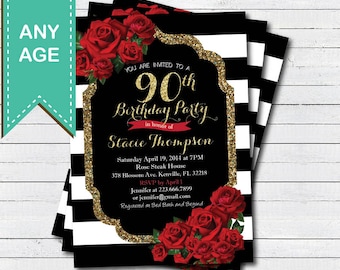 90th birthday invitation for lady. Red rose black and gold glam Valentine woman birthday invite. Any age. Printable digital file. AB146