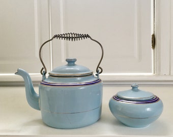 Vintage Light Blue German Teapot with Wire Handle, Sugar Bowl, Old Teapot