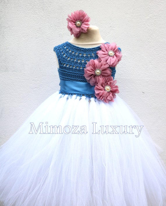 SALE size 12-18m, 18-24m Ready to ship, Blue Flower girl dress tutu dress, bridesmaid dress, green princess dress, crochet top tulle