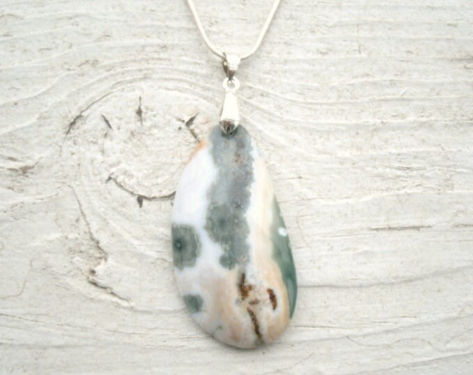 Ocean Jasper Pendant Necklace, Natural, quartz Inclusions, white, green tan, 925 stamped necklace chain, silver bail, classy, polished