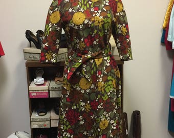 Brown Floral Dress Women's Mod Wool With Belt/Tie Retro 1960s Shift