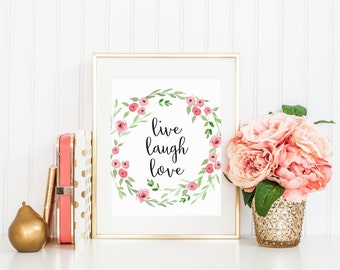 Printable wall art Live Laugh Love Family Wall Art living room decor entry art office quote printable dainty florals watercolor flowers art