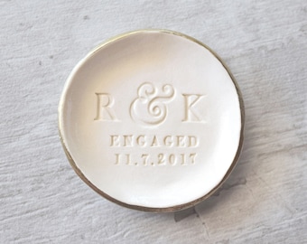ENGAGEMENT RING DISH personalized initials gold ring holder, engagement gift, engaged ring dish, gold ring holder, clay jewelry plate 3.75"
