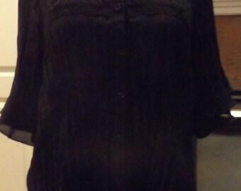 SALE Womens Black Sheer Lace Trimmed Crinkle Blouse Shirt Large