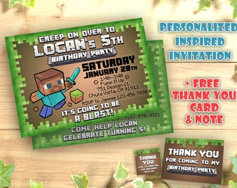 Mine Themed Invitation Personalized Printable, Boy Girl Birthday Printables Kids Pixel Party Inspired by Mine Themed Invitation Custom Card