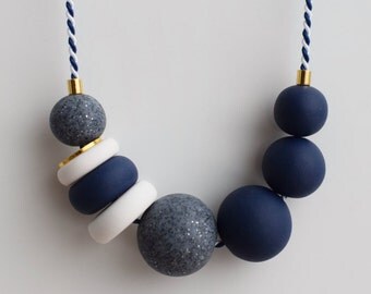 Navy Chunky necklace, Urban necklace, Blue Statement necklace, Beaded jewelry, Geometric necklace, Modern jewelry, Clay Marine necklace