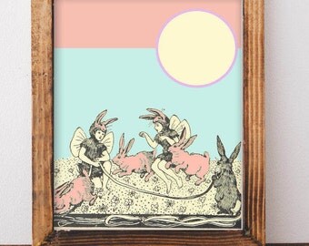 Bunny Art Print, Boho Art, Bunny Nursery, Rabbit Nursery, Vintage Decor, Bunny Kid Art, Girl Nursery Decor, Girl Bedroom Decor