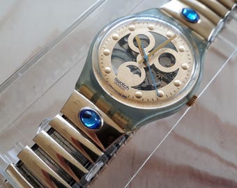 Swatch Gold Smile GN123 GN124 - rare collectible vintage Swiss made men's quartz watch in box
